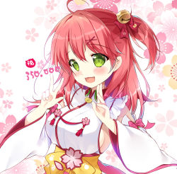 Rule 34 | 1girl, ahoge, bell, blush, breasts, cherry blossom print, detached sleeves, double w, floral print, green eyes, hair bell, hair ornament, highres, hololive, long hair, mikeou, open mouth, paw print, paw print pattern, pink hair, sakura miko, sakura miko (1st costume), sideboob, solo, upper body, virtual youtuber, w