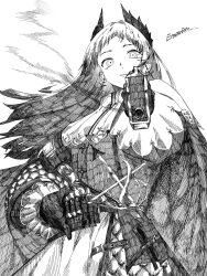 Rule 34 | 1girl, aiming, aiming at viewer, arknights, artist name, commentary request, dress, gloves, greyscale, gun, handgun, head wings, highres, holding, holding gun, holding weapon, irene (arknights), long hair, looking at viewer, monochrome, parted lips, pointing gun, pointing weapon, rapier, scar, scar across eye, scar on face, sheath, sheathed, signature, simple background, solo, sword, weapon, white background, wings, yukinaga (eruserion)