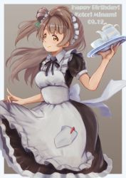 Rule 34 | 1girl, apron, artist name, artist request, black ribbon, blush, bow, brown eyes, brown hair, cafe maid (love live!), dress, female focus, frilled apron, frills, green bow, grey background, hair bow, highres, holding, holding plate, light brown hair, long hair, looking at viewer, love live!, love live! school idol festival, love live! school idol festival all stars, love live! school idol project, macken, maid, maid apron, maid headdress, minami kotori, neck ribbon, necktie, pen, plate, pocket, ribbon, short sleeves, smile, solo, white background, yellow eyes