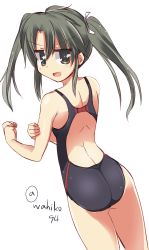 Rule 34 | 10s, 1girl, ass, brown eyes, competition swimsuit, from behind, grey hair, kantai collection, long hair, one-piece swimsuit, simple background, solo, swimsuit, testman, twintails, wahiko (black bastard), zuikaku (kancolle)