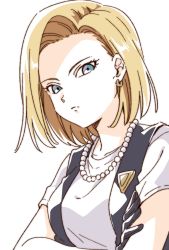 Rule 34 | 1girl, android 18, black gloves, blonde hair, blue eyes, breasts, closed mouth, collarbone, crossed arms, dragon ball, dragonball z, earrings, expressionless, gloves, gold earrings, highres, jewelry, looking at viewer, medium hair, namori, necklace, parted bangs, pearl necklace, shirt, simple background, solo, white background, white shirt