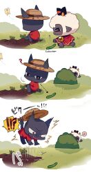 Rule 34 | !?, 1boy, 1other, 2koma, ?, angry, animal ears, baal (cult of the lamb), bug, butterfly, cat, cat ears, cat tail, comic, cult of the lamb, grass, hat, highres, horns, insect, joke, jumping, migishita, pickle, red crown (cult of the lamb), sheep, sheep ears, sheep horns, sheep tail, sprout, sun hat, tail, the lamb (cult of the lamb), the one who waits (cult of the lamb)