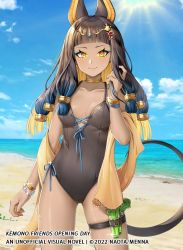 Rule 34 | 1girl, animal ears, anubis (kemono friends) (saika ryougi), arm at side, beach, blonde hair, blue hair, blue sky, blunt bangs, borrowed character, breasts, brown hair, closed mouth, collarbone, commentary, day, english commentary, eyelashes, eyeshadow, hair ornament, hand in own hair, hand up, holster, horizon, jewelry, kemono friends, kemono friends opening day, long hair, looking at viewer, makeup, menna (0012), multicolored hair, ocean, one-piece swimsuit, original, outdoors, shawl, shiny skin, skindentation, sky, small breasts, smile, solo, sun, swimsuit, tail, tan, thigh holster, water, water gun, yellow eyes