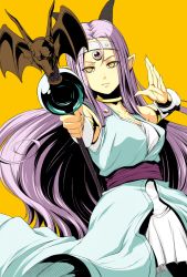 Rule 34 | 1girl, breasts, cleavage, collarbone, detached sleeves, dragon quest, dragon quest x, dress, estella (dq10), eyes visible through hair, gem, gradient background, headband, highres, holding, holding staff, horns, jewelry, long hair, long sleeves, neck ring, pointy ears, purple hair, sash, solo, staff, straight hair, white dress, yellow eyes