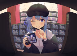 absurdres black_coat blue_eyes blue_hair cd_case coat hat highres hololive hoshimachi_suisei miaoema ribbon shirt virtual_youtuber white_shirt