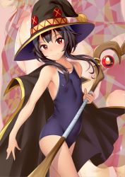 Rule 34 | 1girl, bandages, bare arms, bare legs, bare shoulders, black hair, blue one-piece swimsuit, blush, breasts, cape, commentary request, competition school swimsuit, covered navel, hat, highres, holding, holding staff, kono subarashii sekai ni shukufuku wo!, looking at viewer, megumin, one-piece swimsuit, red eyes, school swimsuit, short hair, short hair with long locks, small breasts, smile, sody, solo, staff, swimsuit, swimsuit under clothes, witch hat