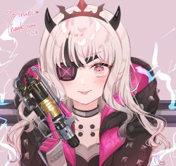 Rule 34 | 1girl, apex legends, b3 wingman, black jacket, blonde hair, blush, collarbone, commentary, commission, cosplay, cyber punked wattson, english commentary, eyepatch, gun, hair behind ear, handgun, heart, holding, holding gun, holding weapon, hood, hooded jacket, horns, indie virtual youtuber, iruei (vtuber), jacket, mixed-language commentary, one eye covered, pink background, pink eyes, pointy ears, revolver, shain, skeb commission, solo, spiked hood, tongue, tongue out, trigger discipline, virtual youtuber, wattson (apex legends), wattson (apex legends) (cosplay), weapon