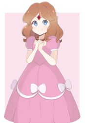 Rule 34 | 1girl, blue eyes, brown hair, dress, elf, full body, jewelry, looking at viewer, necklace, nintendo, pink dress, pointy ears, princess zelda, retro artstyle, short hair, smile, solo, standing, the legend of zelda, the legend of zelda (nes), tiara