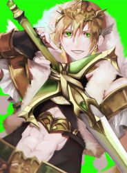 Rule 34 | 1boy, abs, armor, black gloves, blonde hair, bracelet, commentary request, earrings, fate/grand order, fate (series), fingerless gloves, fur trim, gloves, green background, green eyes, highres, hina gtkg, holding, holding sword, holding weapon, jason (fate), jewelry, looking at viewer, male focus, short hair, simple background, smile, solo, sword, teeth, toned, toned male, upper body, weapon