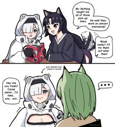Rule 34 | ..., 2koma, 3girls, :o, animal ears, arknights, artist name, aurora (arknights), bear ears, bear girl, black gloves, black hair, black hairband, black kimono, book, breasts, cleavage, cleavage cutout, clothing cutout, comic, commentary, dog ears, english commentary, english text, from behind, gloves, green hair, hair over one eye, hairband, highres, holding, holding book, japanese clothes, kal&#039;tsit (arknights), kimono, leaning forward, leaning on table, long hair, long sleeves, medium breasts, multiple girls, reading, saga (arknights), shura (shura cs), simple background, sitting, spoken ellipsis, table, tail, tail wagging, trembling, twitter username, upper body, white background, white hair