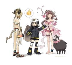 Rule 34 | 3girls, animal ears, arknights, barefoot, barefoot sandals (jewelry), bikini, black sheep, blonde hair, boots, bridal garter, brown hair, closed eyes, dated, embarrassed, emoji, eyjafjalla (arknights), eyjafjalla (summer flower) (arknights), fire helmet, firefighter, firefighter jacket, flower, flower necklace, frown, hand on own hip, highres, holding, holding staff, horns, ifrit (arknights), ifrit (sunburn) (arknights), infection monitor (arknights), jacket, jewelry, knee pads, long hair, material growth, multiple girls, necklace, off-shoulder bikini, off shoulder, official alternate costume, open mouth, oripathy lesion (arknights), pink bikini, pink flower, plaid, plaid bikini, platinum blonde hair, sandals, shaw (arknights), sheep, sheep ears, sheep girl, sheep horns, simple background, sketch, squirrel girl, squirrel tail, staff, sweatdrop, swimsuit, tail, thumbs up, torch, white background, white bikini, yu yanshu