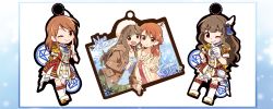 Rule 34 | 10s, 2girls, amaiwashi, bad id, bad nicoseiga id, blunt bangs, blush, blush stickers, brown eyes, brown hair, brown jacket, character name, chibi, commentary request, epaulettes, feather hair ornament, feathers, gloves, hair ornament, highres, hojo karen, holding hands, idolmaster, idolmaster cinderella girls, idolmaster cinderella girls starlight stage, jacket, jewelry, kamiya nao, long hair, long sleeves, looking at viewer, multiple girls, necklace, open mouth, smile, white gloves