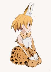 Rule 34 | 10s, 1girl, :o, ^^^, animal ears, bare shoulders, beige background, belt, between legs, blush, bow, bowtie, brown belt, brown eyes, cross-laced clothes, elbow gloves, eyebrows, full body, gloves, hand between legs, kemono friends, looking away, open mouth, orange hair, profile, sanpaku, seiza, serval (kemono friends), serval print, serval tail, shirt, short hair, simple background, sitting, skirt, sleeveless, sleeveless shirt, so shina, sohin, solo, striped tail, surprised, tail, tareme, white shirt