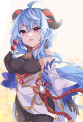 Rule 34 | 1girl, ahoge, bare shoulders, bell, black gloves, black legwear, blue hair, blush, bow, breasts, chinese knot, detached sleeves, flower knot, food, ganyu (genshin impact), genshin impact, gloves, gold trim, highres, holding, holding food, horns, long hair, looking at viewer, medium breasts, neck bell, open mouth, purple eyes, sidelocks, smile, solo, user nxpg2555, vision (genshin impact), white sleeves