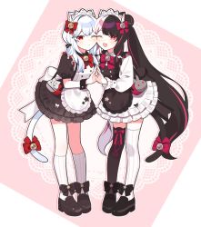 Rule 34 | 2girls, animal ears, ankle bow, ankle ribbon, bell, black hair, bow, bowtie, cat ears, cat girl, cat tail, full body, hair between eyes, hakase fuyuki, highres, kneehighs, leg ribbon, long hair, long sleeves, looking at viewer, maid, maid headdress, multicolored hair, multiple girls, nijisanji, one eye closed, open mouth, red eyes, ribbon, short sleeves, socks, split-color hair, standing, tail, tail bell, tail bow, tail ornament, thighhighs, tongue, two-tone hair, virtual youtuber, waka (wk4444), white hair, wrist cuffs, yorumi rena, yorumi rena (5th costume)