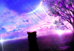 Rule 34 | 1girl, akyuun, cloud, commentary, dutch angle, english commentary, engrish commentary, from behind, gradient sky, hakurei reimu, highres, horizon, lake, landscape, lens flare, limited palette, outdoors, photoshop (medium), planet, planetary ring, scenery, silhouette, sky, solo, surreal, touhou, tree, twilight