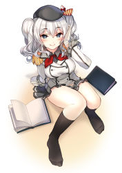 Rule 34 | 10s, 1girl, absurdres, beret, black socks, book, breasts, epaulettes, female focus, gloves, grey eyes, tucking hair, hand in own hair, hat, highres, kantai collection, kashima (kancolle), kneehighs, large breasts, long sleeves, looking at viewer, military, military uniform, miniskirt, no shoes, open book, pleated skirt, sheska xue, silver hair, sitting, skirt, smile, socks, solo, twintails, uniform, white gloves