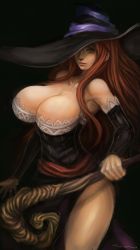 Rule 34 | 1girl, absurdres, bare shoulders, black background, breasts, cleavage, detached sleeves, dragon&#039;s crown, hat, hat over one eye, highres, huge breasts, kuon (kwonchanji), long hair, looking at viewer, realistic, red eyes, red hair, sash, simple background, solo, sorceress (dragon&#039;s crown), staff, vanillaware, witch hat