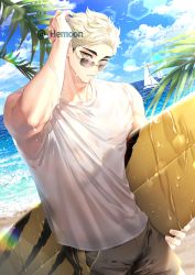 Rule 34 | 1boy, arm up, bad id, bad twitter id, beach, bird, blonde hair, blue sky, boat, brown eyes, closed mouth, cloud, commentary, day, eyebrows, grey male swimwear, grey swim trunks, haikyuu!!, hand in own hair, hemoon, holding, holding surfboard, looking at viewer, male focus, male swimwear, male underwear, miya atsumu, multicolored hair, ocean, outdoors, palm tree, sailboat, sand, seagull, see-through, shirt, short hair, sky, solo, summer, sunglasses, surf, surfboard, swim trunks, swimsuit, symbol-only commentary, toned, toned male, tree, twitter username, two-tone hair, underwear, water, watercraft, wet, wet clothes, wet shirt, white shirt