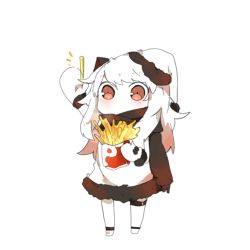 Rule 34 | 10s, 1girl, abyssal ship, byako (srktn), chibi, colored skin, dress, food, french fries, hat, highres, holding, horns, kantai collection, long hair, looking at viewer, mittens, northern ocean princess, red eyes, santa hat, scarf, shirokitsune (rin02ituki), solo, white dress, white hair, white mittens, white skin