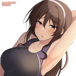 Rule 34 | 1girl, :o, ashigara (kancolle), black one-piece swimsuit, breasts, brown eyes, brown hair, collarbone, competition swimsuit, dated, hairband, kantai collection, large breasts, long hair, looking at viewer, m.a.o, one-piece swimsuit, open mouth, solo, swimsuit, twitter username, upper body, wavy hair, white background