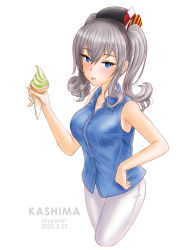 Rule 34 | 1girl, absurdres, artist name, blue eyes, blue shirt, casual, character name, collarbone, commentary request, cowboy shot, dated, food, highres, ice cream, kantai collection, kashima (kancolle), long hair, looking at viewer, pants, shirt, sidelocks, silver hair, simple background, skypixter, sleeveless, sleeveless shirt, solo, tongue, tongue out, tsurime, twintails, wavy hair, white background, white pants