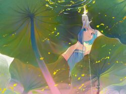 Rule 34 | 1girl, bare shoulders, blue dress, blue eyes, blue hair, dress, flat chest, gradient hair, green theme, highres, kaede (shijie heping), leaf, looking at viewer, multicolored hair, original, petals, plant, ripples, short hair with long locks, smile, solo, strapless, strapless dress, upper body, water, white hair
