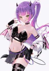 1girl absurdres arm_strap black_choker black_gloves black_nails black_pantyhose black_shirt black_skirt black_thighhighs blush breasts choker collarbone commentary_request crop_top demon_girl demon_horns demon_tail demon_wings earrings fingerless_gloves gloves green_eyes hair_between_eyes hair_ornament hairclip highleg highleg_panties highres hololive horns jacket jewelry long_hair looking_at_viewer midriff miniskirt nail_polish navel panties pantyhose ponytail purple_hair runlan_0329 shirt sidelocks simple_background skirt small_breasts solo tail thighhighs tokoyami_towa tongue tongue_out underwear virtual_youtuber white_background white_jacket wings