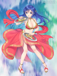 Rule 34 | 1girl, bare shoulders, bikini, blue eyes, blue hair, breasts, brown footwear, cleavage, commission, floating hair, full body, hagino kouta, hair between eyes, highleg, highleg bikini, holding, holding weapon, large breasts, long hair, looking at viewer, navel, o-ring, open mouth, original, red bikini, sandals, signature, skeb commission, solo, standing, swimsuit, v-shaped eyebrows, very long hair, weapon, weapon request