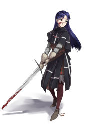 Rule 34 | 1girl, 2020, black capelet, blood, blood on face, bloody weapon, blue hair, brown eyes, capelet, closed mouth, female knight, frown, full body, gloves, grey gloves, hair between eyes, highres, holding, holding sword, holding weapon, idolmaster, idolmaster (classic), kisaragi chihaya, knight, long hair, pantyhose, pirata (gailtonatiu), red pantyhose, signature, simple background, solo, straight hair, sword, templar, very long hair, weapon, white background