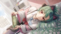Rule 34 | 1girl, absurdres, animal ear headphones, animal ears, bed, black thighhighs, blush, breasts, cabinet, cat ear headphones, closed mouth, curtains, fake animal ears, green hair, green nails, headphones, highres, jewelry, long hair, looking at viewer, lying, monitor, nail polish, necktie, nintendo switch, original, pillow, pul (gks569), red eyes, red necktie, shirt, skirt, smile, socks, solo, thighhighs, white shirt