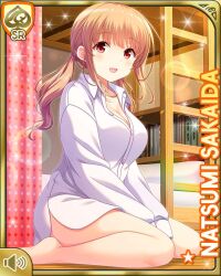 Rule 34 | 1girl, bare legs, barefoot, bed, bedroom, blush, bottomless, breasts, brown hair, card (medium), character name, cleavage, cowboy shot, day, dress shirt, female focus, girlfriend (kari), hair ornament, indoors, large breasts, long hair, long sleeves, looking at viewer, official art, on floor, open mouth, pink scrunchie, qp:flapper, red eyes, sakaida natsumi, scrunchie, shirt, smile, solo, sparkle, sunlight, white shirt, wooden floor