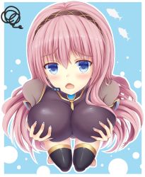 Rule 34 | 1girl, bad id, bad nicoseiga id, black thighhighs, blue eyes, blue nails, blush, breast hold, breasts squeezed together, breasts, from above, grabbing own breast, hairband, headset, highres, impossible clothes, kneeling, large breasts, long hair, looking at viewer, megurine luka, nail polish, open mouth, pink hair, grabbing own breast, solo, squiggle, tf (seiga29299638), tf (tfx2), thighhighs, vocaloid
