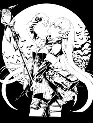 Rule 34 | 1girl, arknights, arm up, armband, bag, bare shoulders, bat (animal), blood, blood bag, blood from mouth, blood on face, braid, commentary request, cross, crown braid, detached sleeves, dress, greyscale, hair between eyes, hair ornament, highres, holding, holding staff, hood, hood down, long hair, looking at viewer, monochrome, pantyhose, pointy ears, pouch, shoulder bag, simple background, sketch, sleeveless, sleeveless dress, slit pupils, solo, staff, ume (yume uta da), unfinished, vampire, very long hair, warfarin (arknights)