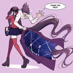 Rule 34 | 1boy, 1girl, black sailor collar, blunt bangs, brown hair, carrying, carrying over shoulder, carrying person, danganronpa (series), danganronpa v3: killing harmony, hair ornament, hair scrunchie, harukawa maki, highres, holding, holding clothes, holding jacket, jacket, jewelry, long hair, long sleeves, looking at viewer, low twintails, mole, mole under eye, momota kaito, red eyes, red scrunchie, red shirt, sailor collar, satori (aosky9077), scrunchie, shirt, speech bubble, spiked hair, thank you, thighhighs, twintails, unworn jacket, zettai ryouiki