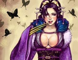 Rule 34 | 1girl, breasts, bug, butterfly, claws, cleavage, hair ornament, bug, kawamura (pixiv11084), large breasts, licking, lips, mole, mole under mouth, nouhime, nouhime (sengoku musou), purple hair, sengoku musou, solo, upper body