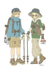 Rule 34 | 1boy, 1girl, artist name, backpack, bag, black gloves, blonde hair, blue butterfly, blue eyes, blue headwear, blue jacket, blush, bo oj0916, boots, brown bag, brown footwear, brown pants, brown shorts, bug, butterfly, camera, camera around neck, cargo pants, cargo shorts, closed mouth, commentary request, dslr, earrings, fingerless gloves, full body, gloves, green eyes, green shirt, green socks, hair behind ear, hair ornament, hairclip, hairpin, hat, hiking, hiking pole, insect, jacket, jewelry, lamp, link, long sleeves, looking at viewer, looking to the side, nintendo, open mouth, pants, pointy ears, princess zelda, rope, scarf, shell jacket, shirt, short hair, short sleeves, shorts, sidelocks, smile, socks, standing, sun hat, sunglasses, t-shirt, the legend of zelda, the legend of zelda: breath of the wild, the legend of zelda: tears of the kingdom, thick eyebrows, vest, white scarf, white socks