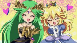 Rule 34 | 2girls, alternate color, anru (a-alsace-a), black dress, blue dress, blue hair, closed eyes, commentary request, crown, dress, green hair, highres, kid icarus, multiple girls, nintendo, open mouth, palutena, princess peach, super smash bros.