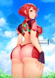 Rule 34 | 1girl, ahoge, ass, blush, breasts, cameltoe, circlet, fingerless gloves, from behind, from below, gloves, large breasts, looking at viewer, mystra77, pyra (xenoblade), red eyes, red hair, short hair, short shorts, shorts, sideboob, smile, solo, xenoblade chronicles (series), xenoblade chronicles 2