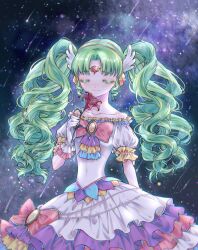 Rule 34 | 1girl, bow, brooch, closed eyes, colored eyelashes, commentary request, covered navel, cowboy shot, dress, facing viewer, falulu, falulu (awakened), flower, forehead jewel, gloves, green hair, hand up, headphones, highres, holding, holding flower, idol clothes, jewelry, lichu ric, long hair, meteor shower, night, night sky, parted bangs, pink bow, pretty series, pripara, red flower, sidelocks, sky, smile, solo, standing, star (sky), starry sky, twintails, white dress, white gloves, wing hair ornament