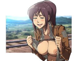Rule 34 | 1girl, absurdres, blush, breasts, breasts out, brown eyes, brown hair, drpizzaboi1, highres, large breasts, long hair, navel, nipples, open clothes, open mouth, ponytail, sasha blouse, shingeki no kyojin, smile, solo, upper body