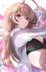 Rule 34 | 1girl, ahoge, alternate costume, alternate hairstyle, black bra, black hair, blush, bra, breasts, brown eyes, brown hair, cleavage, commentary, crossed bangs, dress shirt, elphe, falling petals, hair ribbon, highres, hololive, hololive english, large breasts, long hair, looking at viewer, multicolored hair, nanashi mumei, parted lips, petals, ribbon, shirt, sleeves past wrists, solo, stomach, streaked hair, unbuttoned, unbuttoned shirt, underwear, upper body, very long hair, virtual youtuber, white shirt