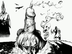 Rule 34 | 51 (gigamiso), bird, cliff, clitoris, cloud, cunt head, cunthead, face, facing viewer, floating, flying, full body, god of war, greyscale, island, japanese clothes, kimono, kratos (god of war), looking at viewer, misplaced genitals, monochrome, ocean, penis, penis head, phallic symbol, pussy, pussyhead, simple background, smoke, sperm cell, veins, veiny penis, volcano, water, what, white background
