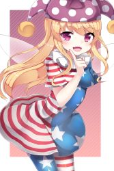 Rule 34 | 1girl, :d, american flag dress, american flag legwear, american flag shirt, bad id, bad pixiv id, blush, breasts, clownpiece, fairy wings, fangs, finger to cheek, hat, highres, jester cap, long hair, looking at viewer, medium breasts, open mouth, pantyhose, papo, purple eyes, smile, solo, touhou, very long hair, wings