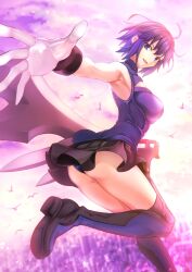 Rule 34 | 1girl, :d, absurdres, ahoge, ass, bird, black skirt, blue dress, blue eyes, blue hair, blue panties, boots, breasts, ciel (tsukihime), city, cleavage cutout, clothing cutout, dress, foreshortening, from behind, gloves, harukey, highres, holding, holding weapon, knee boots, large breasts, leg up, looking back, open mouth, outstretched arm, panties, pile bunker, pleated skirt, powered ciel, seventh holy scripture, skirt, sky, smile, solo, thighs, tsukihime, tsukihime (remake), underwear, weapon, wedgie, white gloves