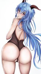 Rule 34 | 1girl, absurdres, ahoge, ass, bare shoulders, blue hair, blush, from behind, ganyu (genshin impact), genshin impact, goat horns, highres, horns, huge ass, leotard, long hair, looking at viewer, looking back, partially visible vulva, purple eyes, shiny skin, solo, thong leotard, veand, very long hair