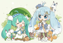 Rule 34 | &gt; &lt;, 2girls, ahoge, aqua hair, band uniform, beamed eighth notes, black legwear, blue eyes, blue hair, blue headwear, blue jacket, blush, boots, bubble skirt, capelet, cherry, chibi, drum, dual persona, eighth note, closed eyes, flower, food, fox, french horn, fruit, full body, fur-trimmed boots, fur-trimmed capelet, fur trim, gloves, hair flower, hair ornament, hairband, hairclip, hat, hat feather, hatsune miku, headset, holding, holding flower, holding instrument, holding leaf, horn (instrument), instrument, jacket, koropokkuru, leaf, leaf umbrella, light blue hair, lily of the valley, long hair, multiple girls, music, musical note, najo, open mouth, own hands together, pantyhose, playing instrument, pleated skirt, quarter note, rabbit yukine, sitting, sitting on tree stump, skirt, smile, snowbell (flower), snowflake print, squirrel, tree stump, twintails, very long hair, vocaloid, white capelet, white footwear, white gloves, white skirt, yuki miku, yuki miku (2015), yuki miku (2020)