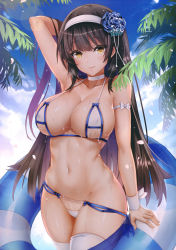 Rule 34 | 1girl, absurdres, arm behind head, arm up, armpits, bare shoulders, bikini, black hair, blue sky, blush, breasts, choker, cleavage, closed mouth, cloud, cloudy sky, collarbone, cowboy shot, day, flower, girls&#039; frontline, hair flower, hair ornament, hairband, highres, innertube, large breasts, lips, long hair, looking at viewer, navel, oni-noboru, outdoors, palm leaf, palm tree, petals, scan, shiny skin, sky, smile, solo, stomach, sweat, sweatdrop, swim ring, swimsuit, thighhighs, thighs, tree, type 95 (girls&#039; frontline), white bikini, white thighhighs, yellow eyes