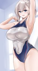 Rule 34 | 1girl, absurdres, alternate costume, arm up, armpits, asymmetrical hair, azur lane, belfast (azur lane), blue eyes, blue one-piece swimsuit, blush, braid, breasts, commentary, competition swimsuit, covered navel, cowboy shot, french braid, grey one-piece swimsuit, groin, hair between eyes, highleg, highleg swimsuit, highres, hiiragi setu, holding, holding whistle, huge filesize, large breasts, looking at viewer, one-piece swimsuit, open mouth, short hair, sideboob, silver hair, smile, solo, swimsuit, thighs, two-tone swimsuit, whistle, whistle around neck