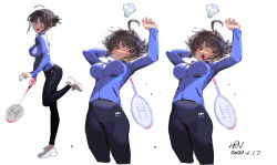 Rule 34 | 1girl, ahoge, arms up, artist name, badminton, badminton racket, black pants, blue eyes, breasts, brown eyes, brown hair, chinese commentary, closed mouth, commentary request, dated, full body, hair bun, han-0v0, highres, holding, holding racket, large breasts, leg up, long sleeves, looking at viewer, multiple views, one eye closed, open mouth, original, pants, partially unzipped, racket, shoes, shuttlecock, single hair bun, smile, sneakers, solo, standing, standing on one leg, sweat, white background, white footwear
